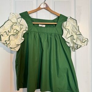 Entro Green and Cream Ruffle Sleeve Blouse